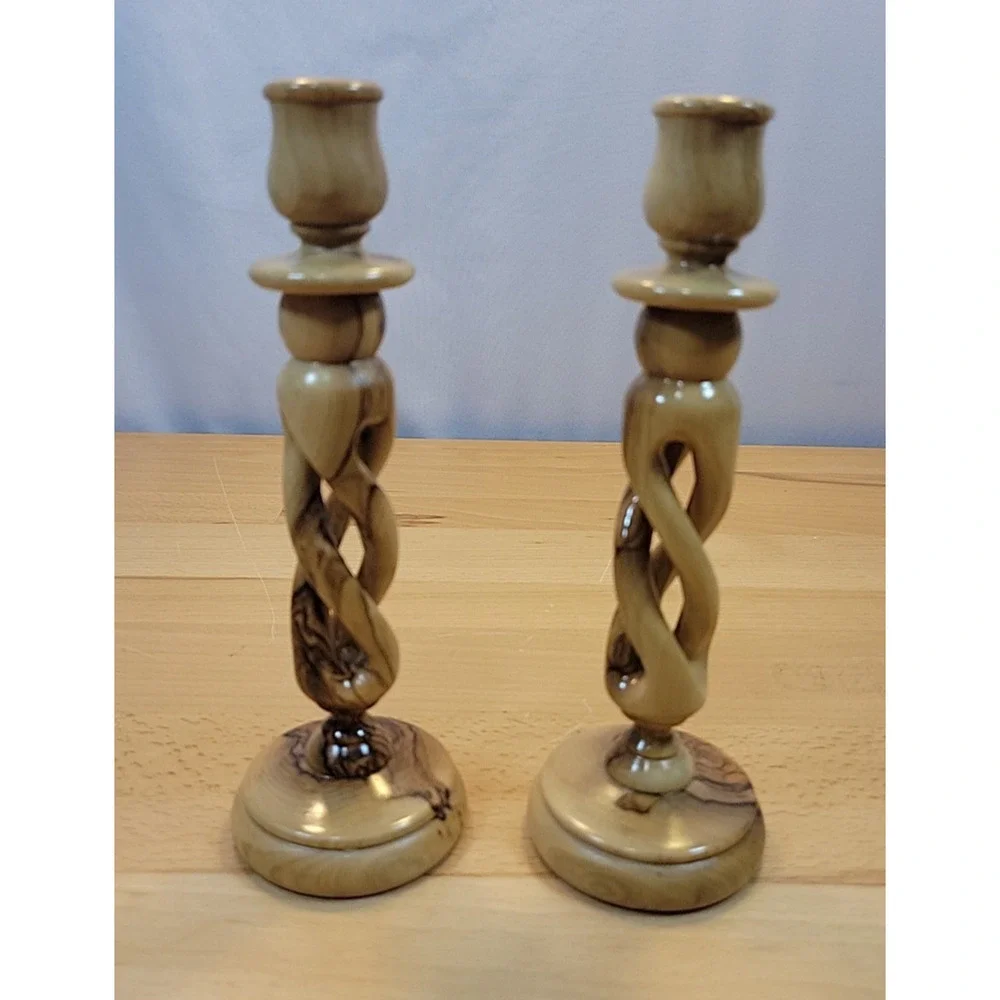 Vintage Twisted Turned wooden candlestick holders Pair carved spiral twist 7.5”